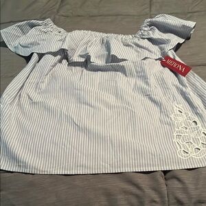 Merona White and Gray Ruffled Off the Shoulder Blouse